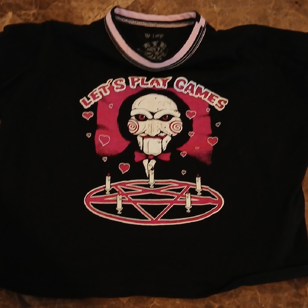 Eye Candy LA y2k Babydoll Ringer Black Graphic Tee with Pink‎ Accents Crop Large
